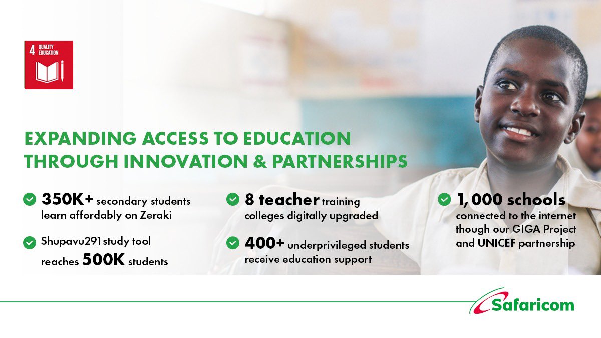 SafaricomPLC's tweet photo. Innovation is key in making quality education inclusive, equitable, and lifelong. From learning apps to digitally upgrading 8 colleges, Safaricom’s innovative solutions break down education barriers. With our foundations, network and partners like Giga Project and UNICEF, we're committed to equipping thousands of students with the right skills for life. #SustainableSafaricom