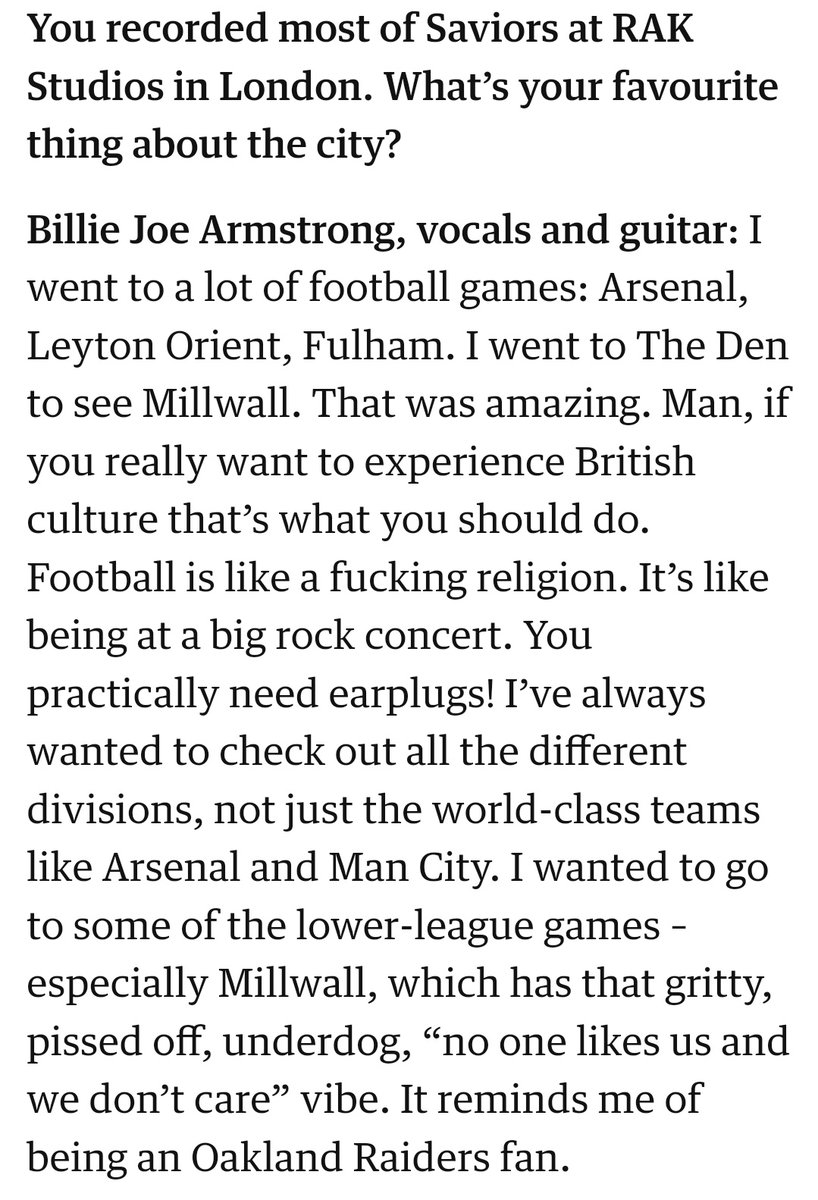 Like this take on matchday football culture from Green Day's lead singer. 
theguardian.com/music/2023/dec…