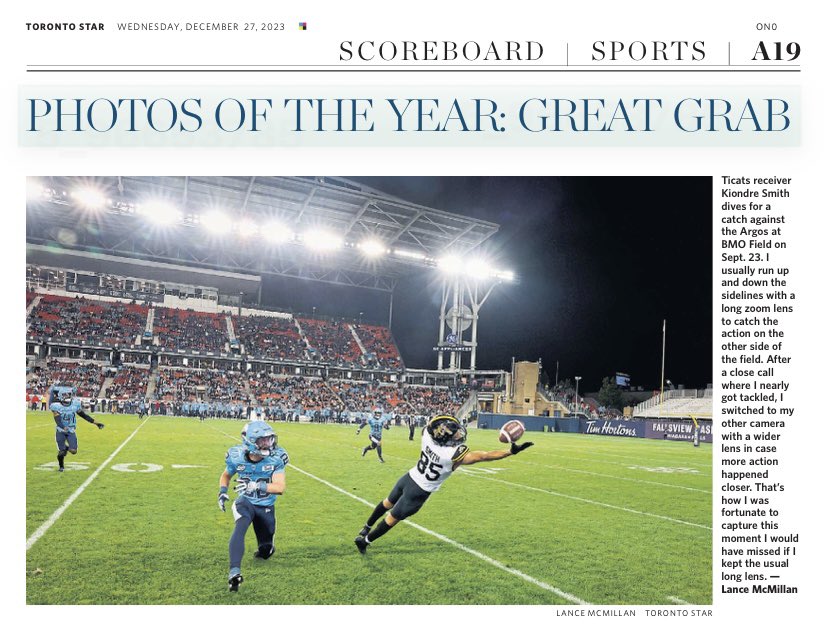 Toronto Star Photogs (@tostarphoto) on Twitter photo Today’s <a href="/TorontoStar/">Toronto Star</a> <a href="/StarSports/">Toronto Star Sports</a> photo of the year is <a href="/lancemcmillan/">Lance McMillan</a>’s picture from a <a href="/CFL/">CFL</a> game between the <a href="/TorontoArgos/">Toronto Argonauts</a> and <a href="/Ticats/">Hamilton Tiger-Cats</a>. Today’s <a href="/TorontoStar/">Toronto Star</a> <a href="/StarSports/">Toronto Star Sports</a> photo of the year is <a href="/lancemcmillan/">Lance McMillan</a>’s picture from a <a href="/CFL/">CFL</a> game between the <a href="/TorontoArgos/">Toronto Argonauts</a> and <a href="/Ticats/">Hamilton Tiger-Cats</a>.