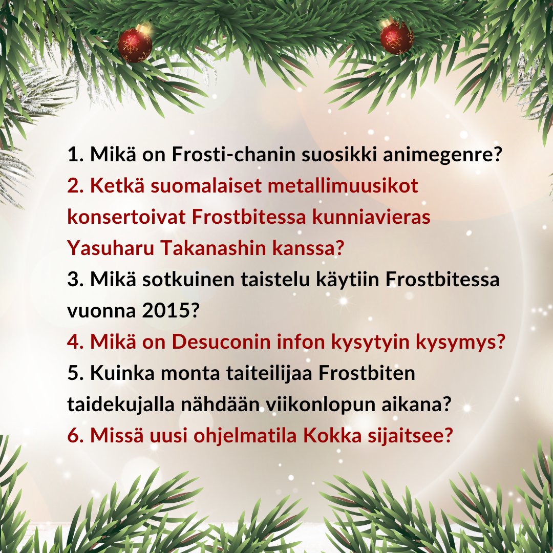 desukun's tweet photo. Muistitko avata kaikki Desuconin joulukalenterin luukut? Testaa, osaatko vastata välipäivien tietovisakysymyksiin! Vastaukset on ripoteltu joulukalenterin luukkuihin.
Voit palata luukkujen pariin somessa tai Desuconin verkkosivuilla: https://t.co/VAOTzDXJxr https://t.co/4n6p1hFEYt