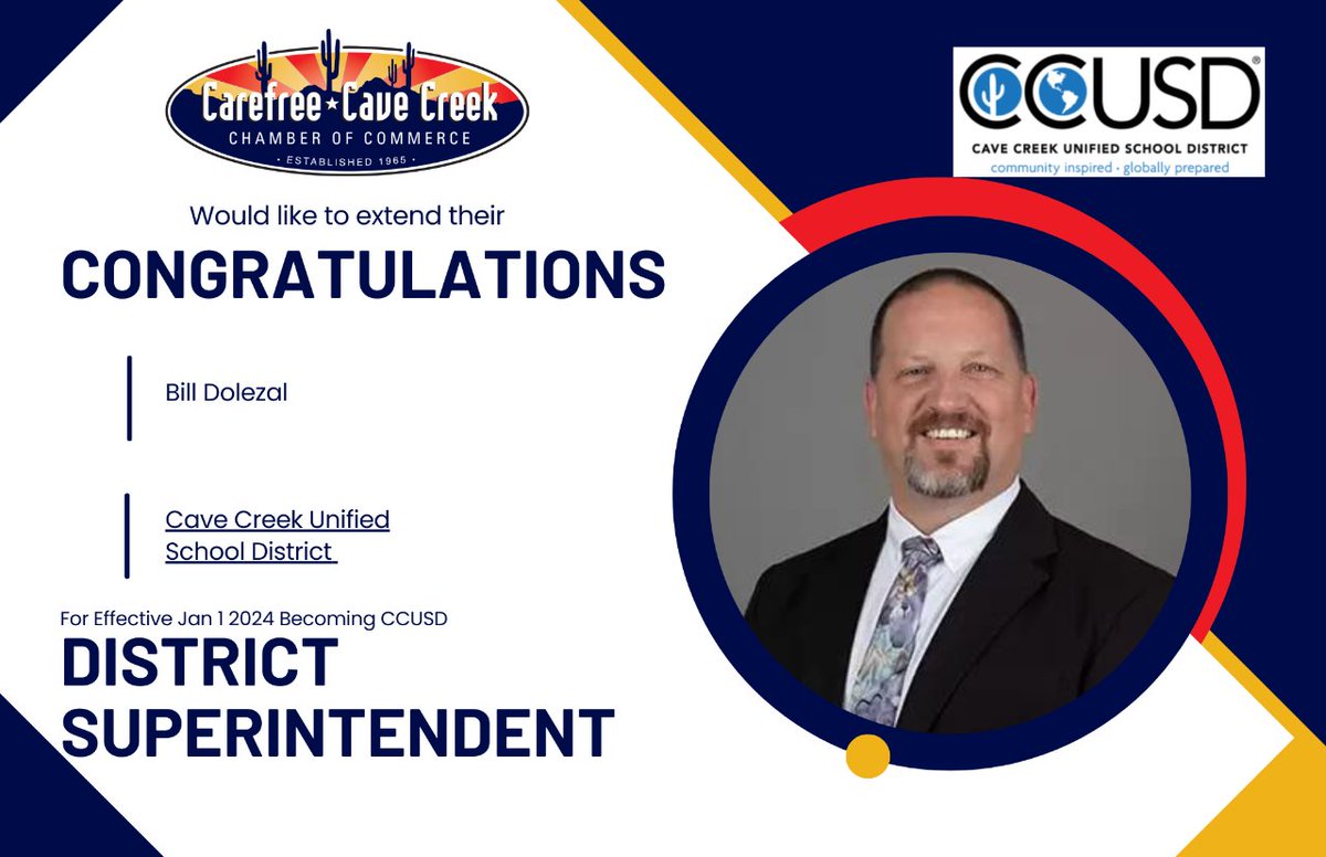 📣 Exciting Announcement from the CCUSD, and we are delighted to share! 🎉
'The CCUSD Governing Board is delighted to announce that, on January 1, 2024, Mr. Bill Dolezal will officially serve as our district's Superintendent.
#CCUSD #cavecreekcarefreechamber #cavecreekaz #arizona