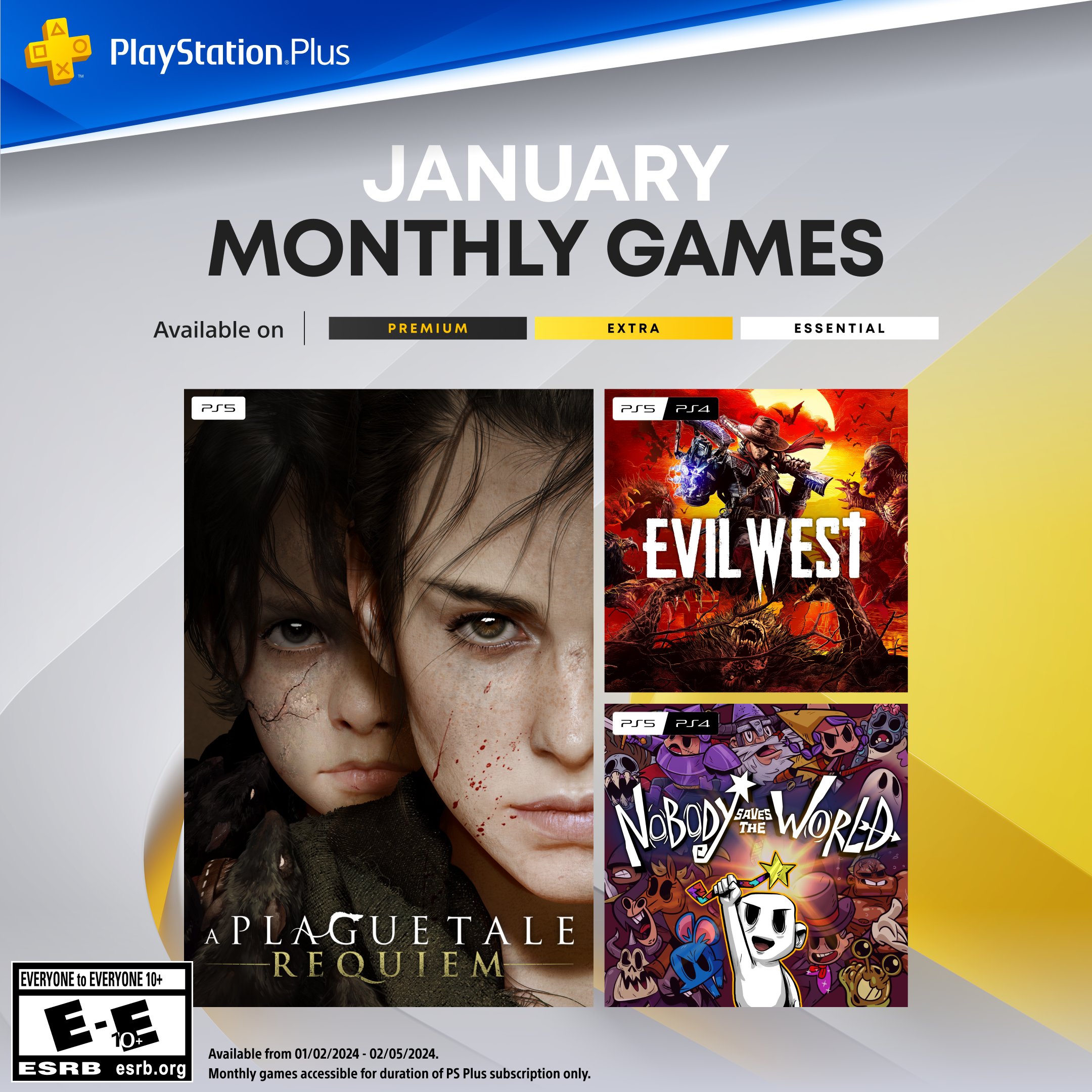 PlayStation Canada on X: The PlayStation Plus Monthly Games for January  are: ➕ A Plague Tale: Requiem ➕ Evil West ➕ Nobody Saves the World Full  details:   / X