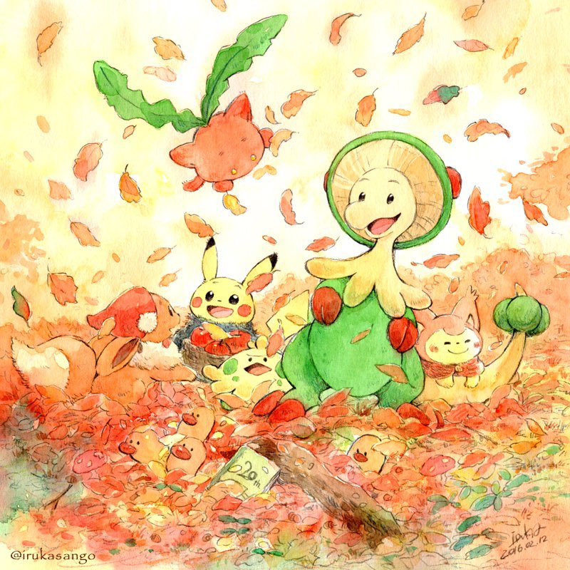 pikachu pokemon (creature) no humans open mouth smile autumn leaves leaf :d  illustration images