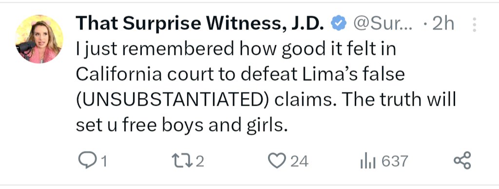 lets_follow_it's tweet photo. No court of law has ever ruled on the "truthfulness" of BJ Courville's statements. BJ herself in her defense said she was merely an entertainer commenting on matters of public interest and that no one would consider her content factual (unless they're dumb). https://t.co/T419IkXZbP