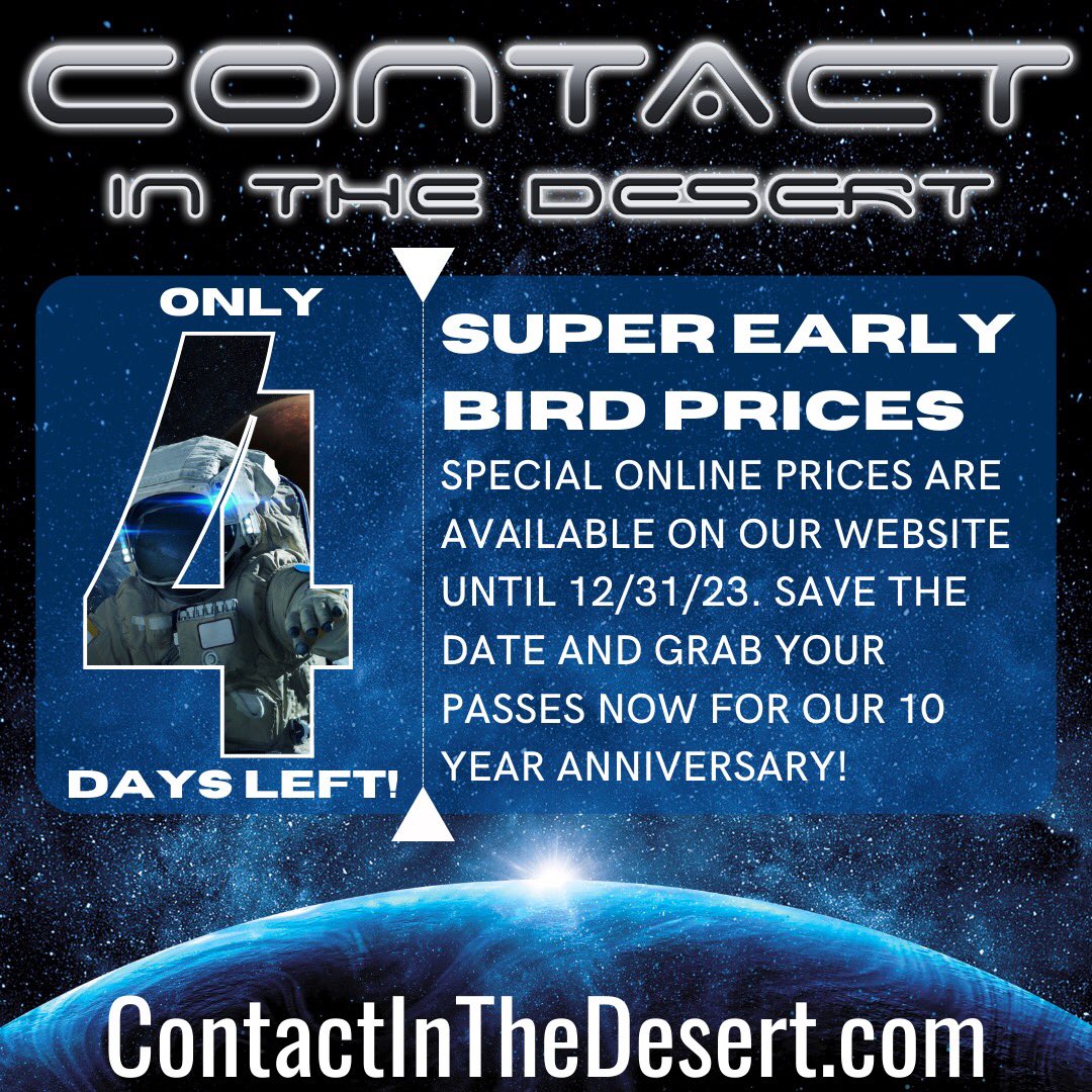 CITDConference's tweet photo. Only 4 days left to snag 5 day passes at super early bird prices! 
Visit https://t.co/mSmm2AsNYt to grab yours now! 
#citd #citd24 #ufotwitter #uaptwitter #ufox #uapx #citdx https://t.co/uXEyZuzyHQ