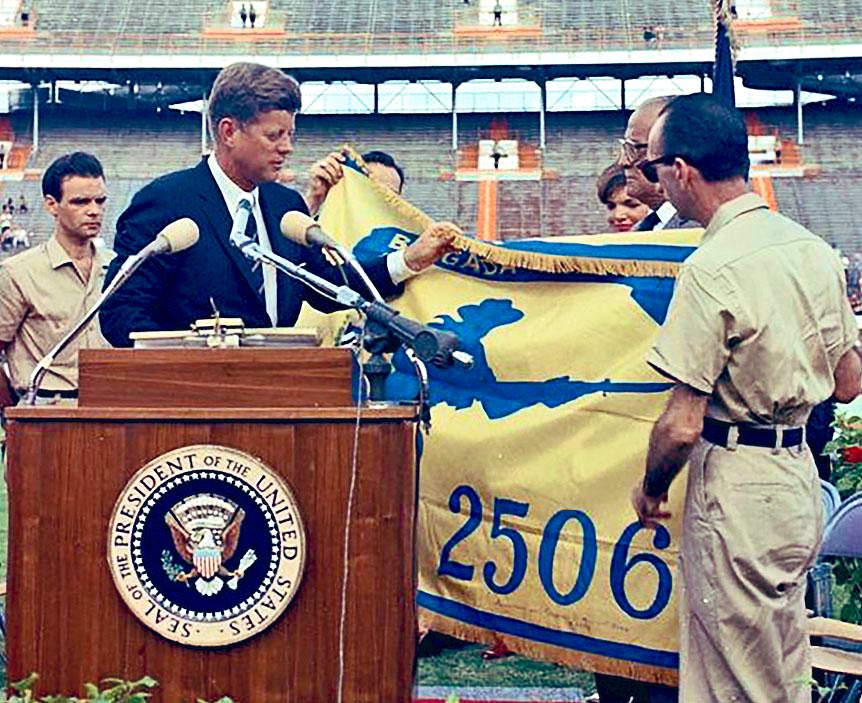 The #BayofPigs veterans gave #JFK the flag of #Brigade2506 in an event at the Orange Bowl in Miami in December 1962. The flag, Kennedy said, would be returned to the brigade “in free Havana.”

In 1975, the Bay of Pigs Veterans’ Association sued for the return of the brigade flag;