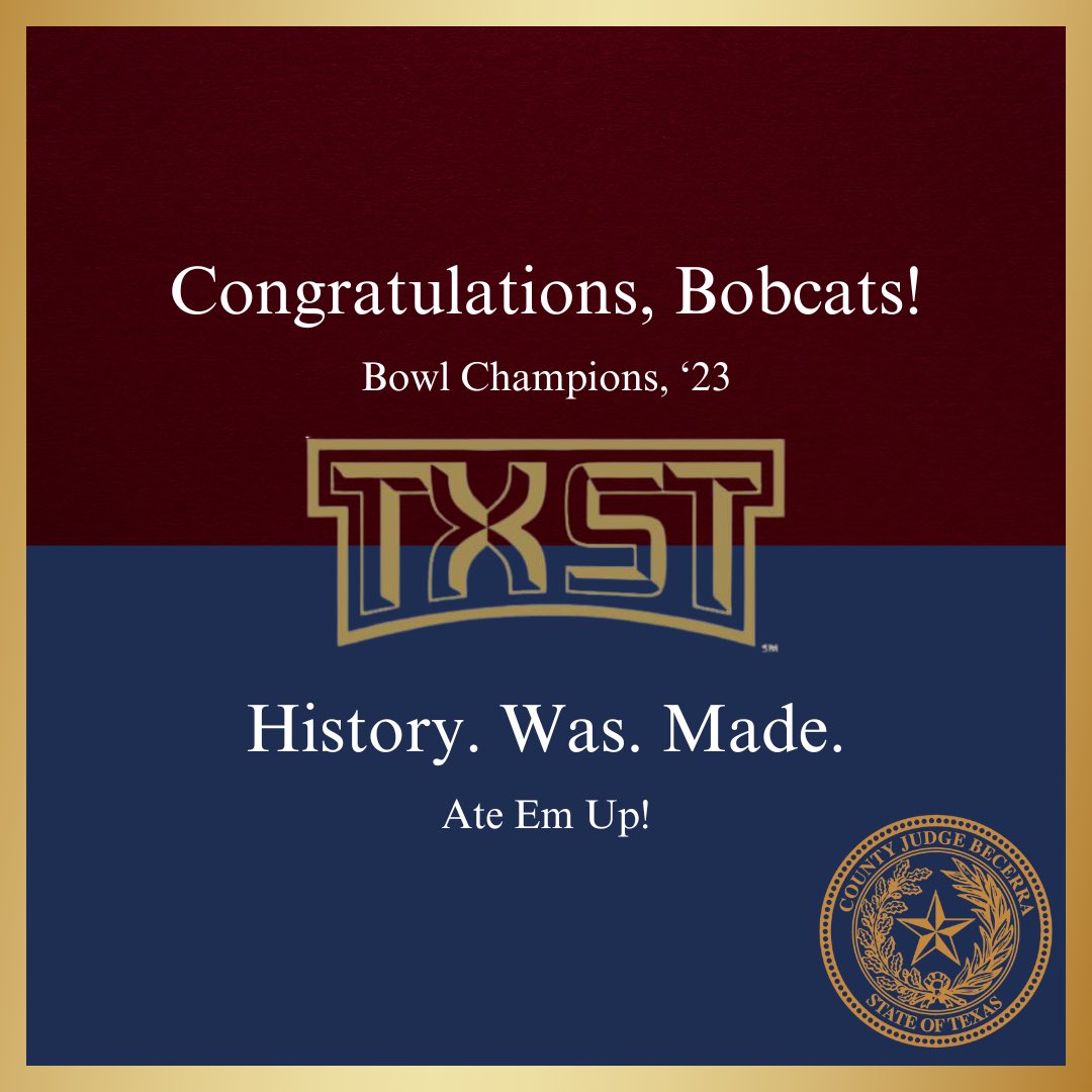 Congratulations to President Kelly Damphousse, Athletic Director Don Coryell, Coach GJ Kinne, the dedicated Texas State Athletics Department, and our Texas State Bobcat Football team on the historic achievement of winning Texas State's first-ever bowl game! Your leadership,…