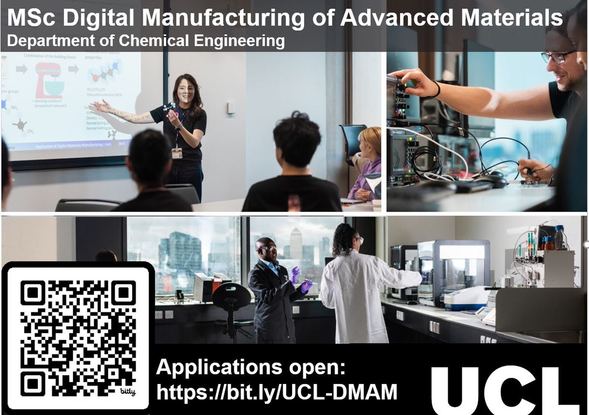 Are you interested in advanced materials, robotics, automation, machine learning &amp; AI? Then join UCL’s new Digital Manufacturing of Advanced Materials MSc <a href="/uclchemeng/">UCL Chemical Engineering</a>.
Applications are open until 5th April 2024. 
#MSc #Future #ManufacturingFuturesLab