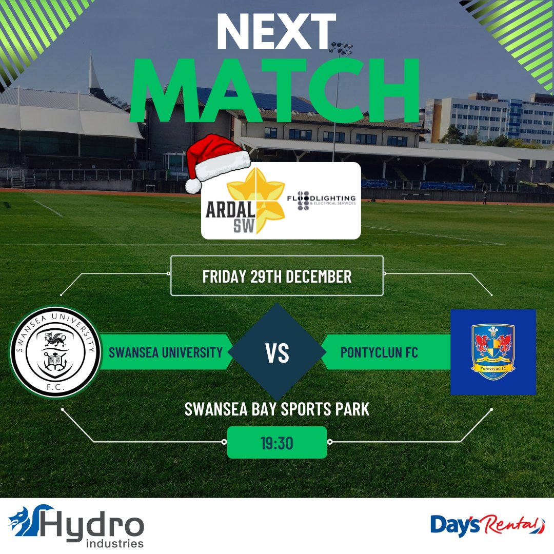 Merry Christmas ! 

Its our final game 2023 ! This Friday we host @pontyclun_football_club at the Sports Park. Can the boys as get back to winning ways and finish the year of in style. Come and support your local Uni ! 
£5 Entry £1 Swansea Uni Students
#greenarmy #ardalsw
