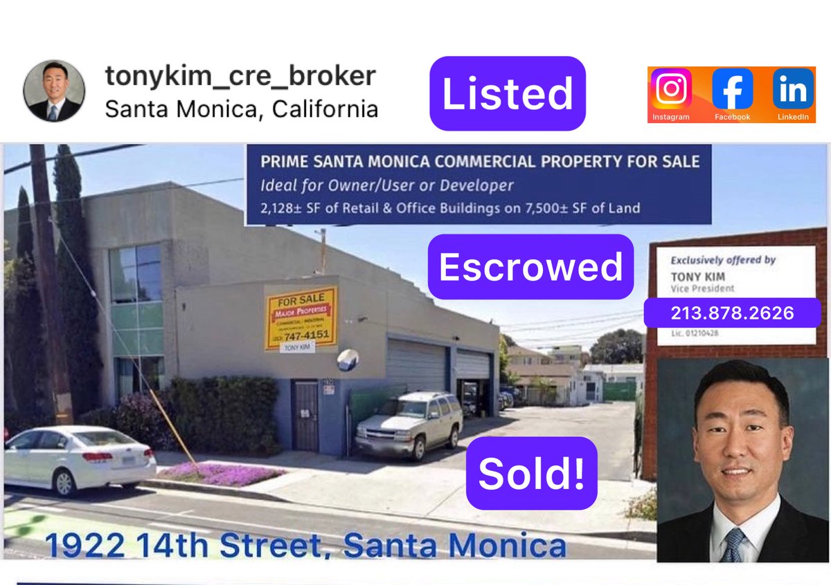 TonyKim_CRE's tweet photo. Pleased to announce. Successful sale closing of 1922 14th Street, Santa Monica, CA 90404. TONY KIM, Commercial Real Estate Sales Broker, Listing Agent Specialist, Los Angeles listed, assertively marketed, generated numerous buyer purchase offers for family trust seller owners! https://t.co/e6BjIUXjPx