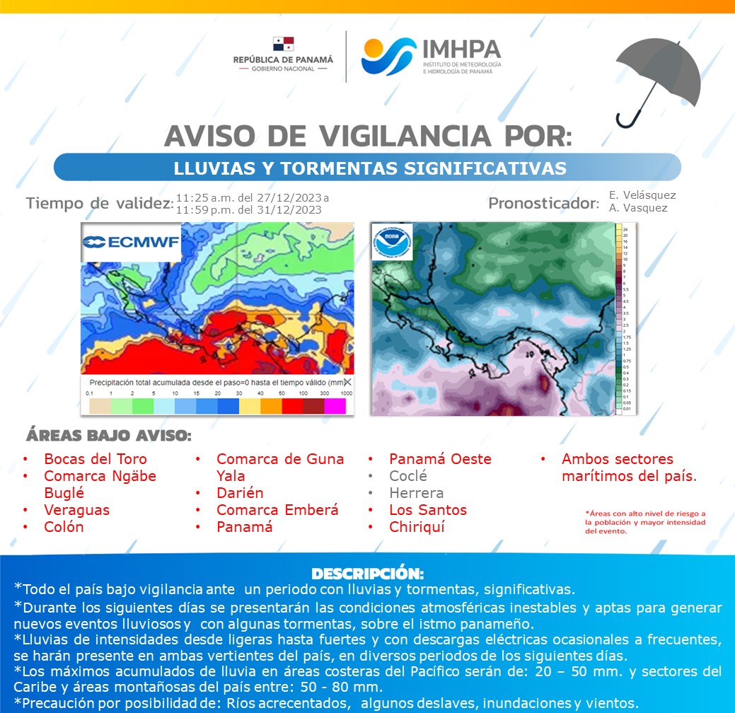 📣Aviso de vigilancia por lluvias y tormentas significativas con varias zonas bajo riesgo por posibles crecidas de ríos, deslaves y vientos. 📌Válido desde este 27 hasta las 11:59 p.m. del 31 de diciembre de 2023. Pronosticado por el meteorólogo del IMHPA, Emanuel Velásquez.