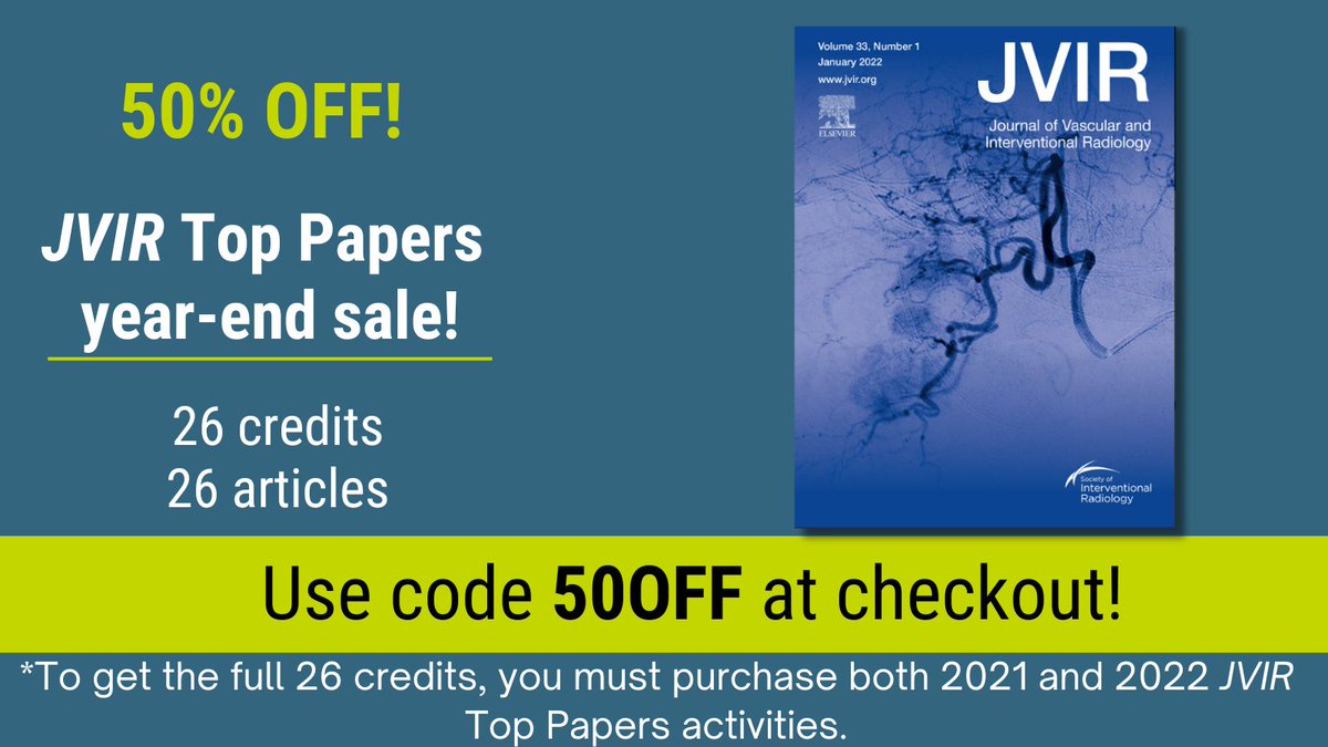 26 credits. 26 articles. SIR and the Journal of Vascular and Interventional Radiology (JVIR) are thrilled to announce a year-end sale! For a limited time only, access credits based on the best papers of 2021 and 2022 for 50% off! (Tag Dan Sze) sirweb.link/JVIR50off