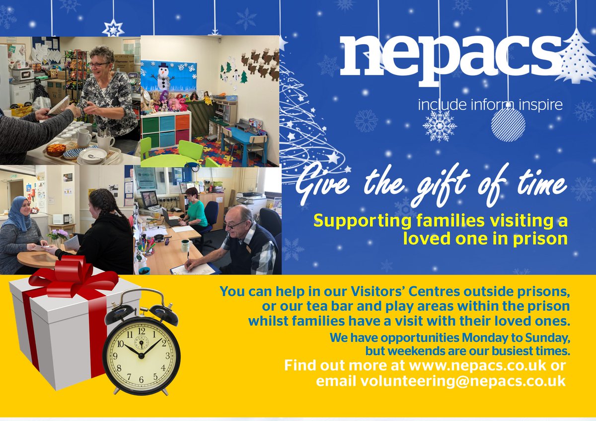 We are looking for volunteers to join us in supporting families visiting loved ones at north east prisons. There are a range of opportunities to work in our visits centres, play areas, youth zones &amp; tea bars.
Could you give the gift of time as a volunteer?
nepacs.co.uk/page/become-a-…