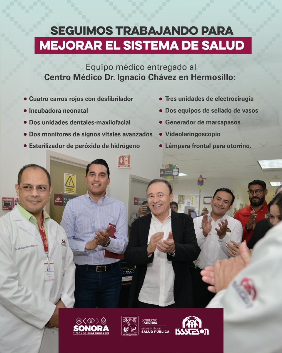 Continuamos fortaleciendo nuestro sistema de salud con la entrega de equipo médico de la más alta tecnología para el Centro Médico Dr. Ignacio Chávez en #Hermosillo. 

Estos avances responden a la demanda histórica de mejorar la calidad de atención médica para todas y todos los