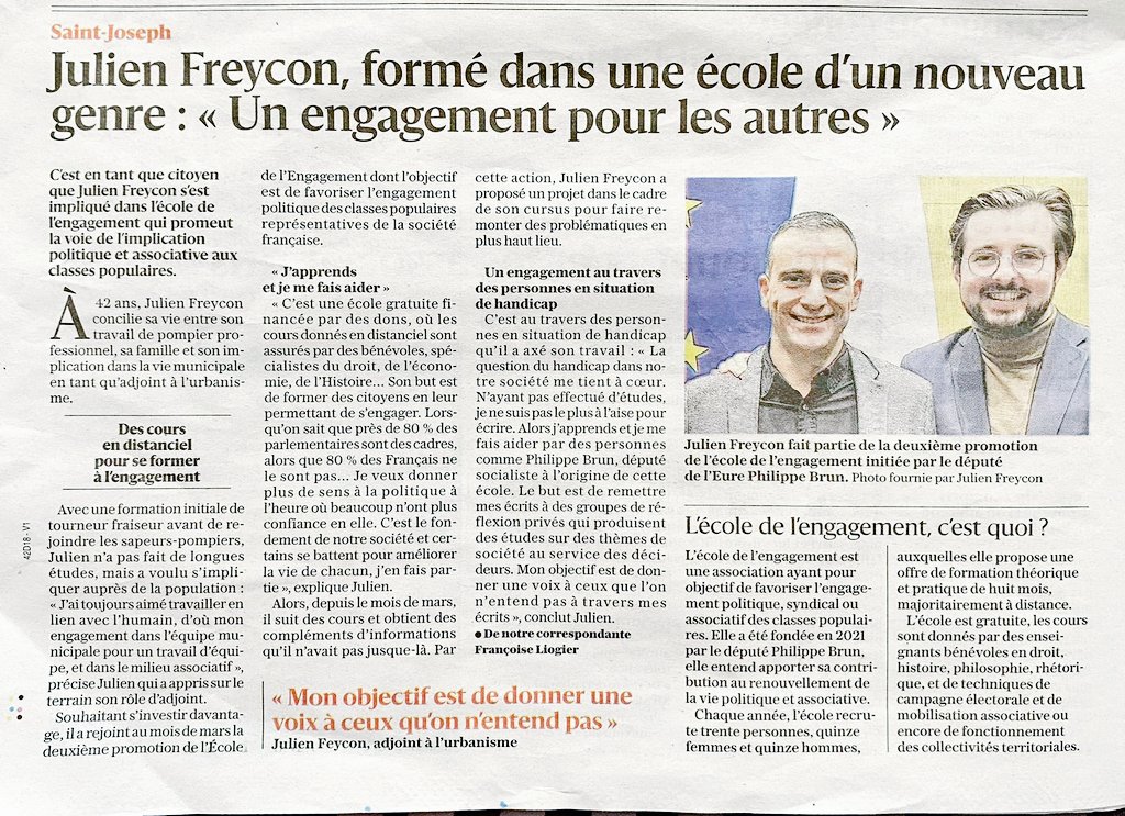 Dans le Progrès, le témoignage de Julien Freycon, tourneur fraiseur devenu sapeur pompier. Il est élève de la deuxième promotion de l'<a href="/EcoleEngagement/">Ecole de l'Engagement</a> : "Je veux donner plus de sens à la politique à l'heure où beaucoup n'ont plus confiance en elle"