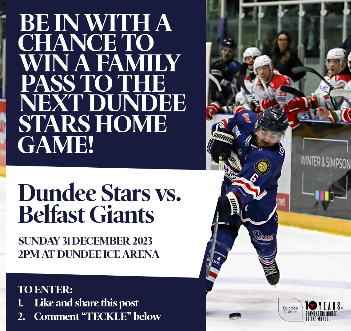 🎁🏒🏴󠁧󠁢󠁳󠁣󠁴󠁿 COMPETITION: Dundee Culture is teaming up with the <a href="/DundeeStars/">Dundee Stars🏒🥅</a> in a brand new competition for you to win a family pass to the next Stars home game on Hogmanay!

How to enter:
👍 Like &amp; retweet this post
🗣  Comment "TECKLE"

❤️ Closes on 29 December at 7.30pm

GOOD LUCK!