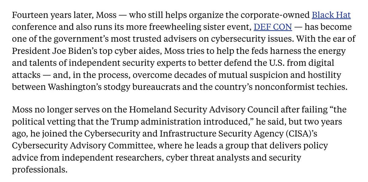 When @CISAJen became director of CISA, one of the first people she consulted with was @thedarktangent, the legendary hacker who created Black Hat & DEF CON. My new story explores how Moss became a critical liaison b/w the government & the security world: themessenger.com/tech/jeff-moss…