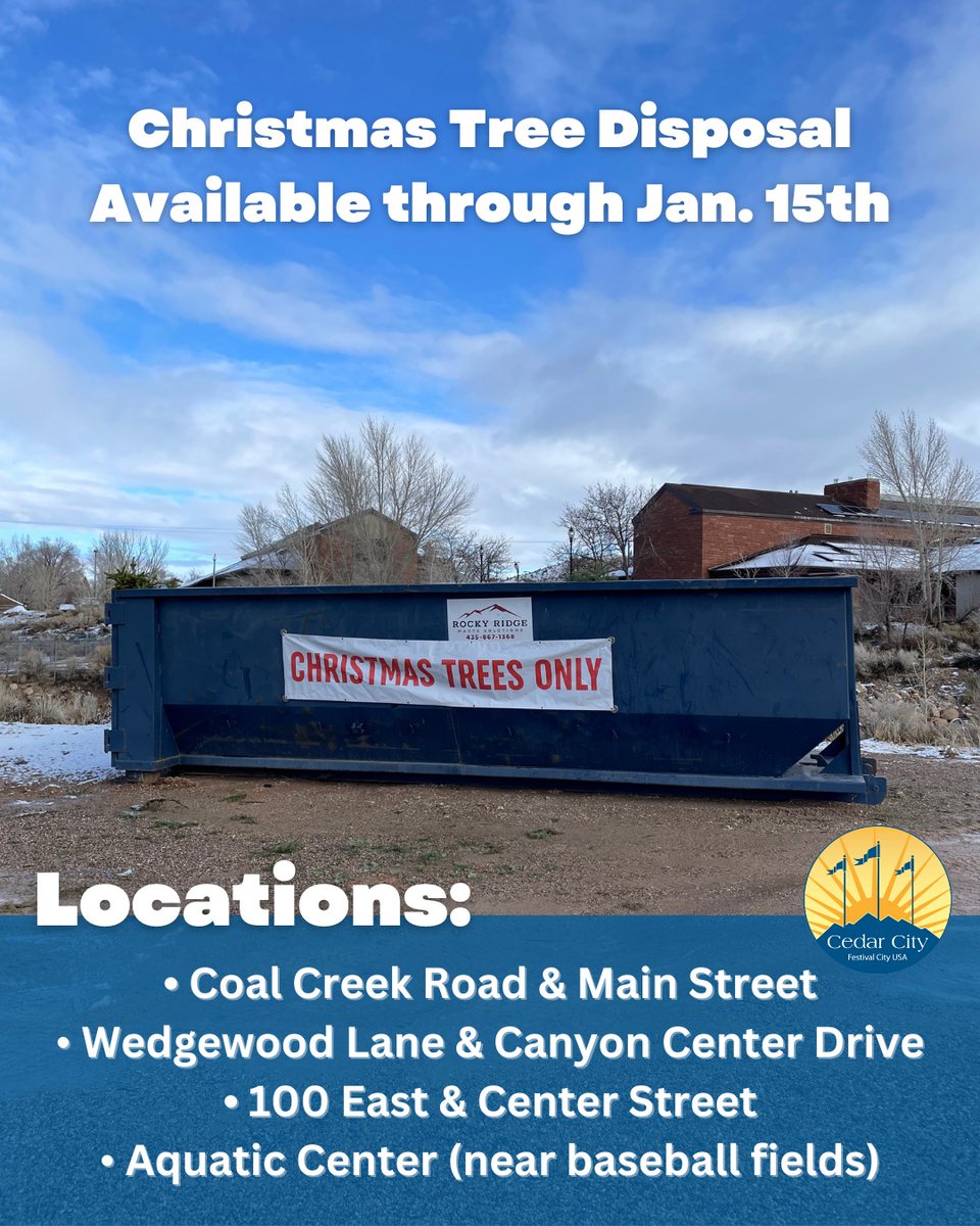 Christmas Tree disposal bins available at the following locations through Jan 15: 

🎄 Coal Creek Rd &amp; Main St
🎄 Wedgewood Lane &amp; Canyon Center Dr
🎄 100 East &amp; Center St
🎄 Aquatic Center (near baseball fields)

Remove all ornaments and decorations before disposing. Thank you!