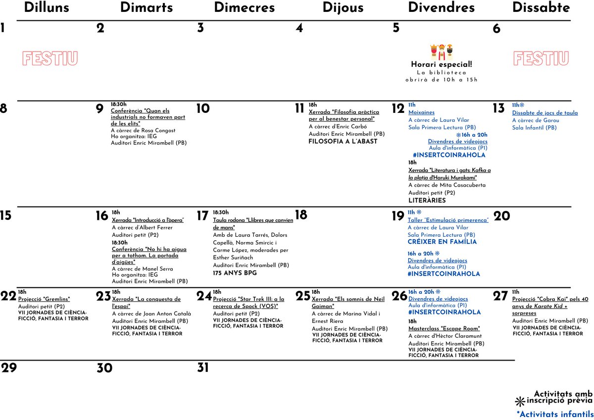 bprahola's tweet photo. 📢 A punt l'agenda del mes de #gener de la #BiblioRahola
🗣️ Xerrades, tallers, moixaines, jocs...
🎮 #InsertCoinRahola
📖 #Literàries amb la professora Mita Casacuberta
🎂 Activitats #175Aniversari
🛸 VII Jornades de Ciència Ficció, Fantasia i Terror de #Girona
#BibliotequesCat https://t.co/3YnqUDbNup