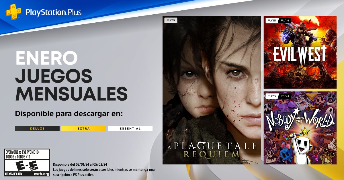 PlayStation_LA's tweet image. Estos son los juegos mensuales en PlayStation Plus para enero:
➕ A Plague Tale: Requiem
➕ Evil West
➕ Nobody Saves the World
Todos los detalles: play.st/3GWQW9V