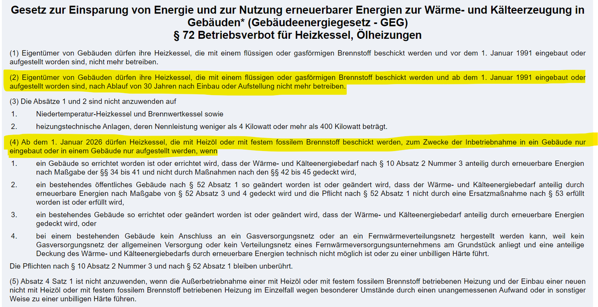 Bevor das neue #GEG in Kraft tritt, hier noch einmal die Fassung von 2020, die von #Seehofer #CSU und #Altmaier #CDU geschrieben wurde und die seit 2020 in Kraft ist.

Öl- und Gasheizungsverbot ab dem 01.01.2026 - eingeführt von #CSU und #CDU 

Damals hat sich noch nicht einmal
