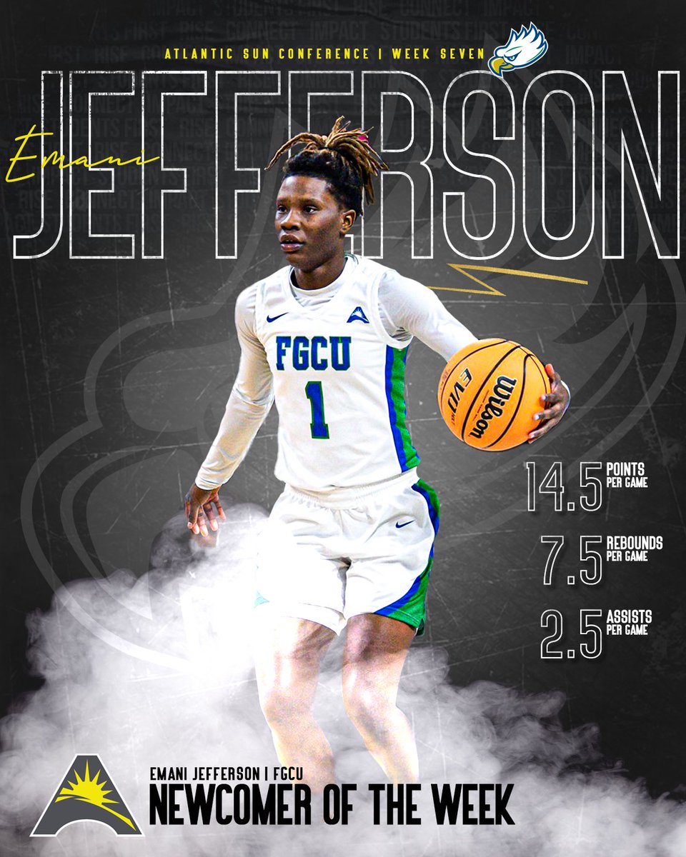 Emani Jefferson is the #ASUNWBB Newcomer of the Week‼️🏀 She helped @FGCU_WBB protect the sixth-longest active home winning streak in the nation at 2⃣0⃣ consecutive wins defeating Drexel and Southern Miss‼️💪🤩💯 🔗| asunsports.org/news/2023/12/2… #ASUNBuilt | #Raining3s 🤙