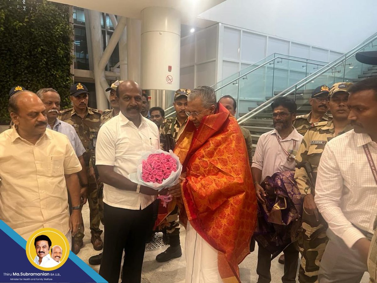 Subramanian_ma's tweet image. வைக்கம் போராட்டம் நூற்றாண்டு சிறப்பு விழாவிற்கு பங்கேற்க வருகை தந்துள்ள மாண்புமிகு கேரள மாநில முதலமைச்சர் திரு. பினராயி விஜயன் அவர்களை சென்னை விமான நிலையத்தில் வரவேற்றபோது. @pinarayivijayan #Masubramanian #TNHealthminister #KeralaCM