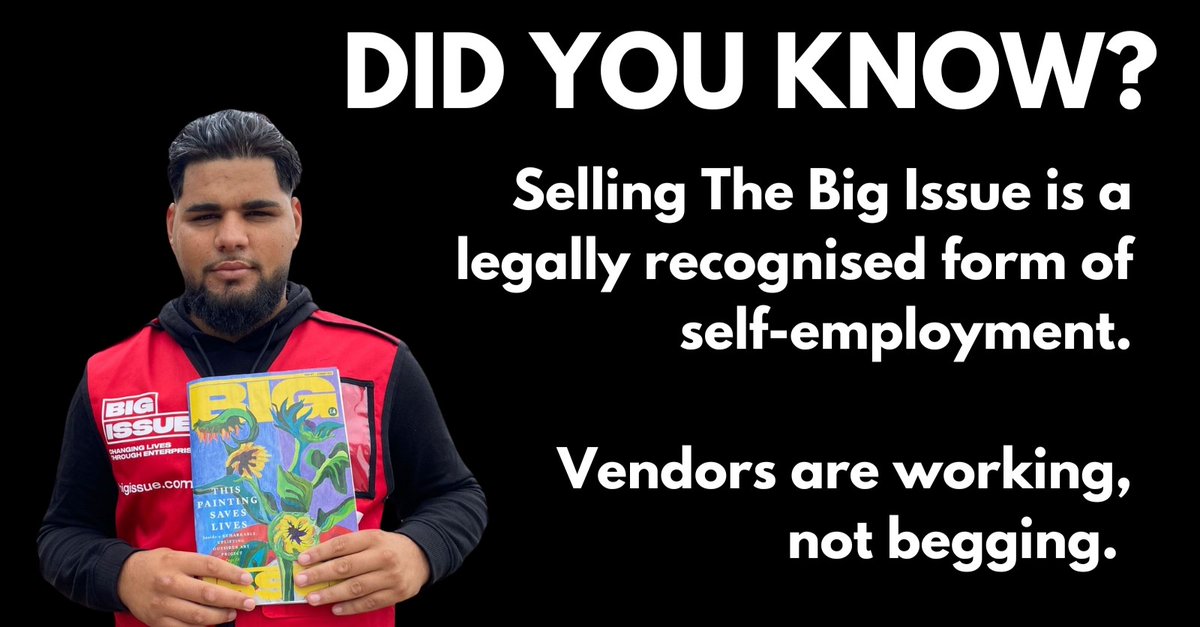 Did you know that selling The Big Issue is a legally recognised form of self-employment? Our vendors are working, not begging. Vendors buy magazines for £2 each from one of our regional offices, then sell them for £4, keeping the money they make. bit.ly/3Tivofw