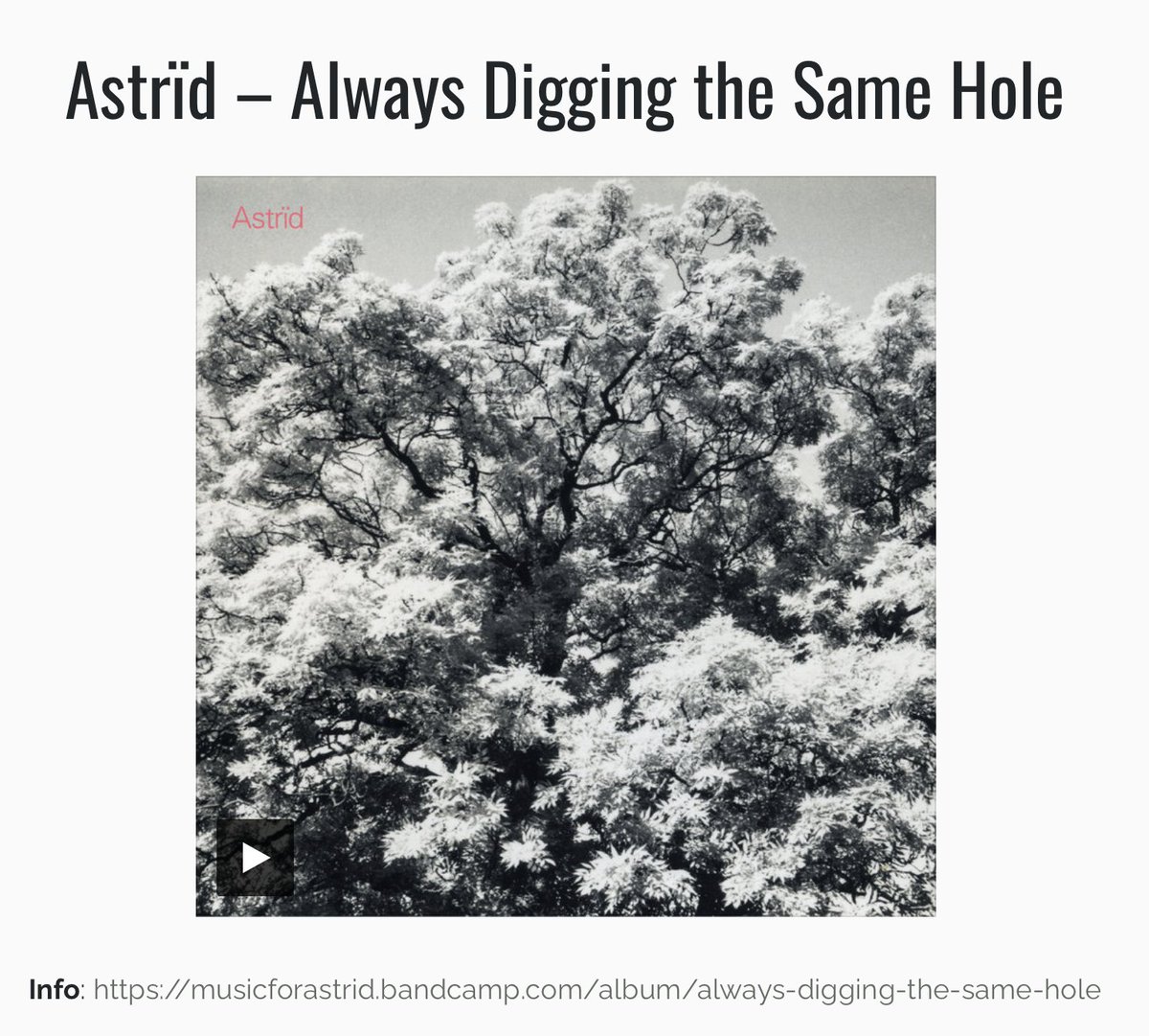 Astrïd's 'Always Digging The Same Hole' agreeably in two end-of-year lists:

"It all works beautifully together"
stationarytravels.wordpress.com

Plus .. Rypać martwiaki at PAWAROTA Radio.

falsewalls.co.uk/release/always…