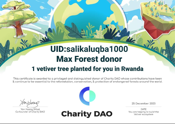 🌿 Gratitude to our incredible donor @salikaluqba1000 from Maxity app! 🌳 Your Vetiver Tree donation to CharityDAO has made a lasting impact.

🙏🌱 Here's your donation certificate and a glimpse of the tree planted in your honor. Thank you for making a difference! 💚