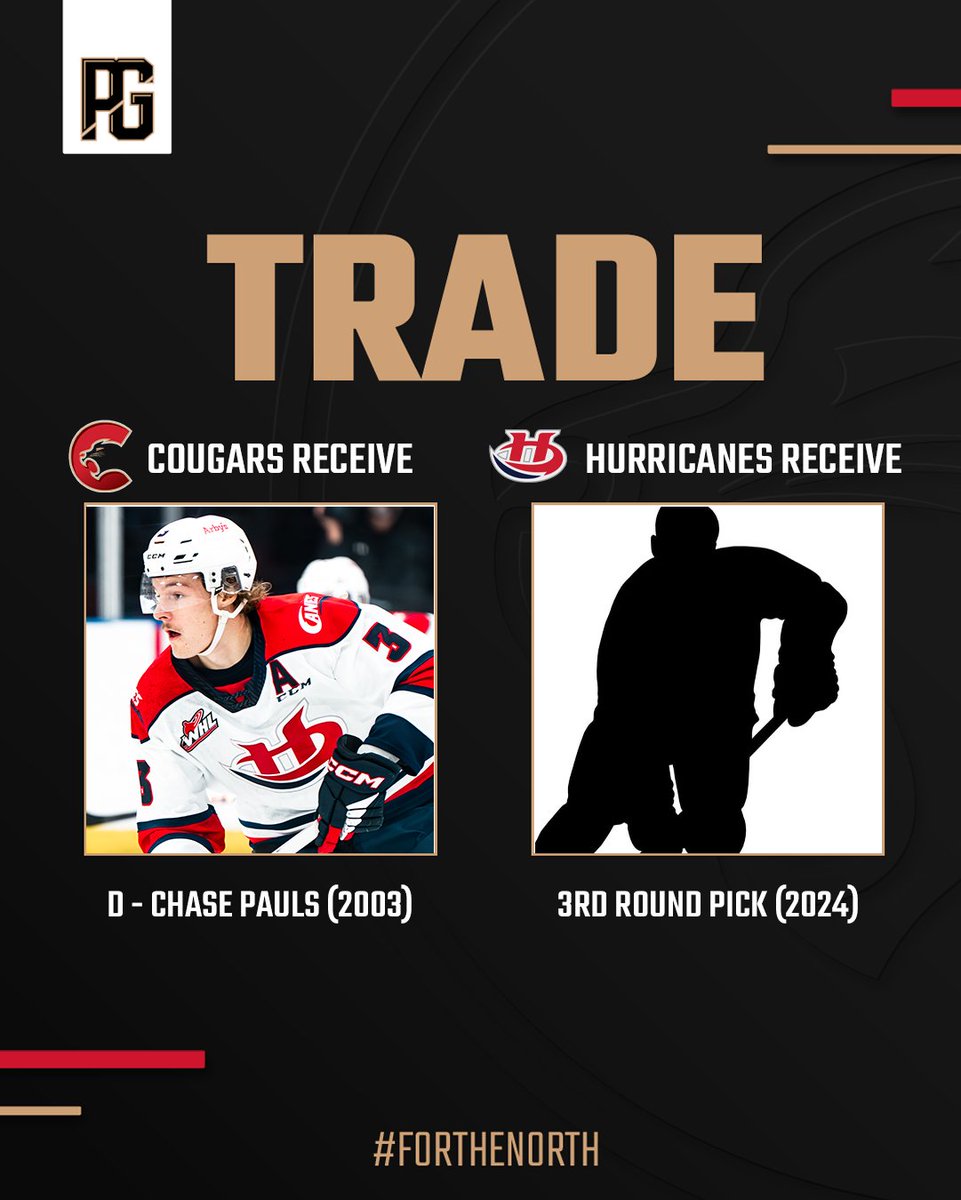 TRADE: We have acquired D Chase Pauls (03) from the Lethbridge Hurricanes in exchange for a 2024 third-round pick in the WHL Prospect's Draft.

📝 chl.ca/whl-cougars/ar…

#ForTheNorth • #WHL