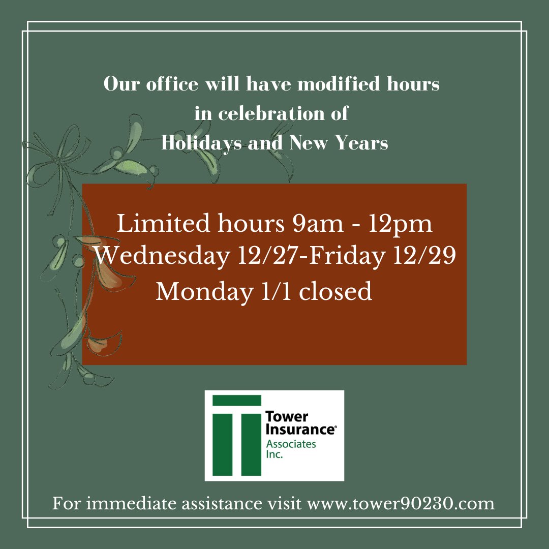 Tower90230's tweet image. We want to inform you that our office will have modified holiday hours. We will resume regular business hours on Tuesday, January 2, 2024. Let us know if there is anything more we can do for you!
For immediate assistance, visit tower90230.com #TowerInsurance #TeamTower