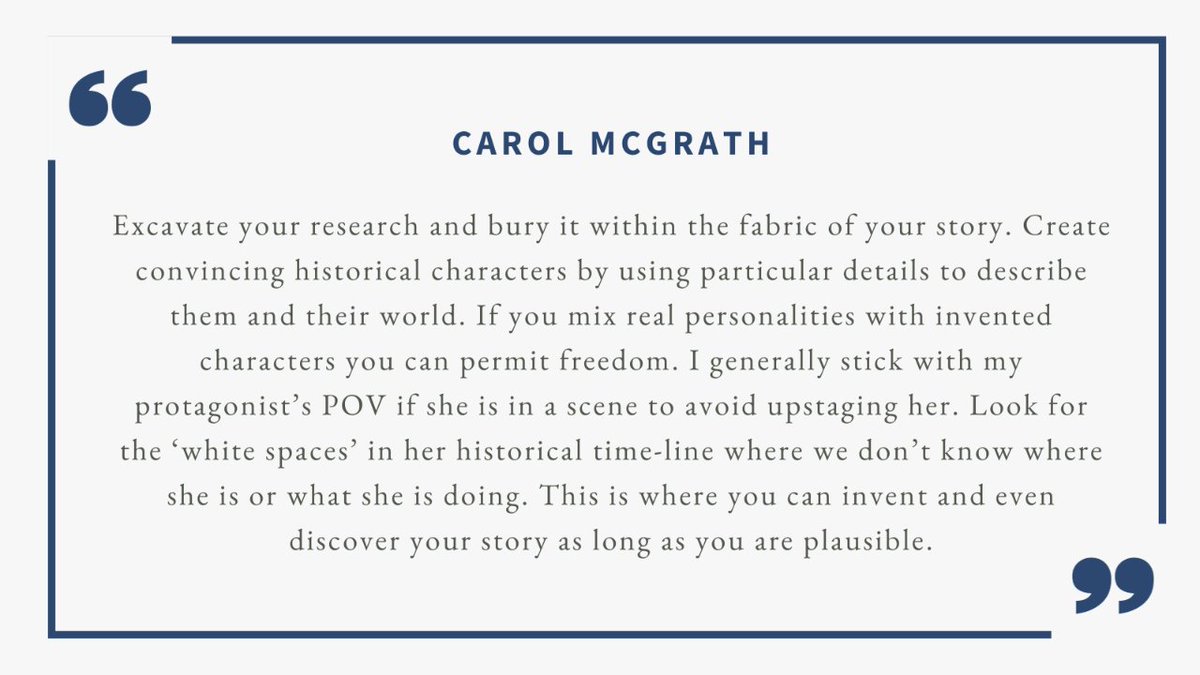 TheHistoryQuill's tweet image. We love this advice from @carolmcgrath! Finding the spaces in the historical timeline where you don't know where or what your character is doing gives you the opportunity to invent!
#historicalfictionresearch #historicalfictionwriter