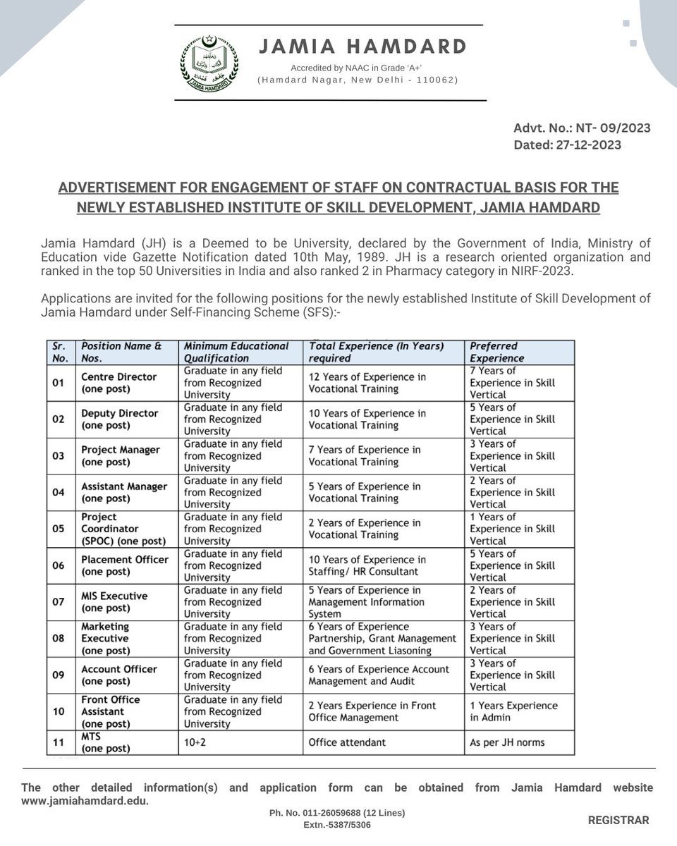 ADVERTISEMENT FOR ENGAGEMENT OF STAFF ON CONTRACTUAL BASIS FOR THE
NEWLY ESTABLISHED INSTITUTE OF SKILL DEVELOPMENT, JAMIA HAMDARD.

The other detailed information(s) and application form can be obtained from Jamia Hamdard website jamiahamdard.edu.