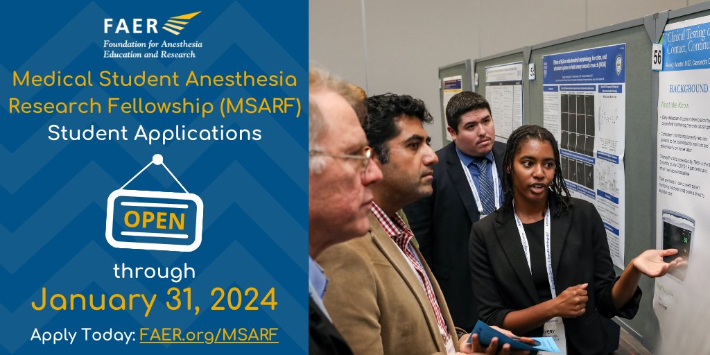 Applications for #FAERmsarf are open through 1/31/24 at FAER.org/MSARF! FAER is proud to offer this program to #anesthesiology’s aspiring investigators, featuring 8 weeks of #anesthesia #research, virtual content, & culminating in poster presentations at #ANES24!