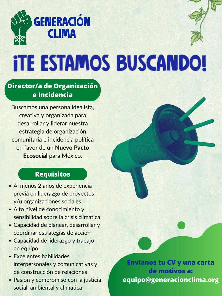 generacionclima's tweet photo. ¿Te apasiona empoderar, organizar y movilizar gente por un mundo justo y sostenible? ¿Te gustaría liderar una organización juvenil dedicada a lograr un Nuevo Pacto Ecosocial?

Si es así, ¡solicita para ser nuestrx Director/x de Organización e Incidencia! 

https://t.co/QzLXBh70gh https://t.co/cr9XmkUCUK