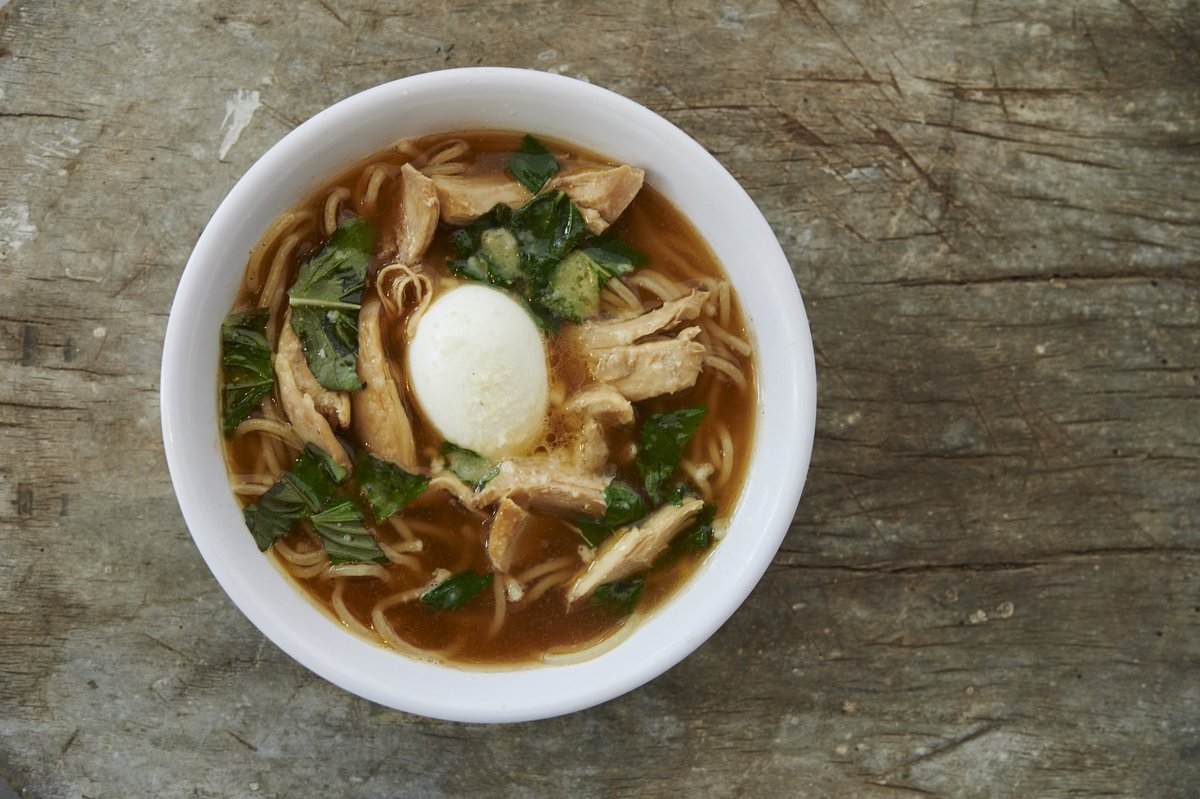 Italian Ramen kind of night  ❄️🍜😌

Made with fresh spaghettini, chicken broth, roasted chicken, a soft boiled egg, basil, chili oil &amp; grana padano.

We are open daily for dinner from 4PM-9PM.