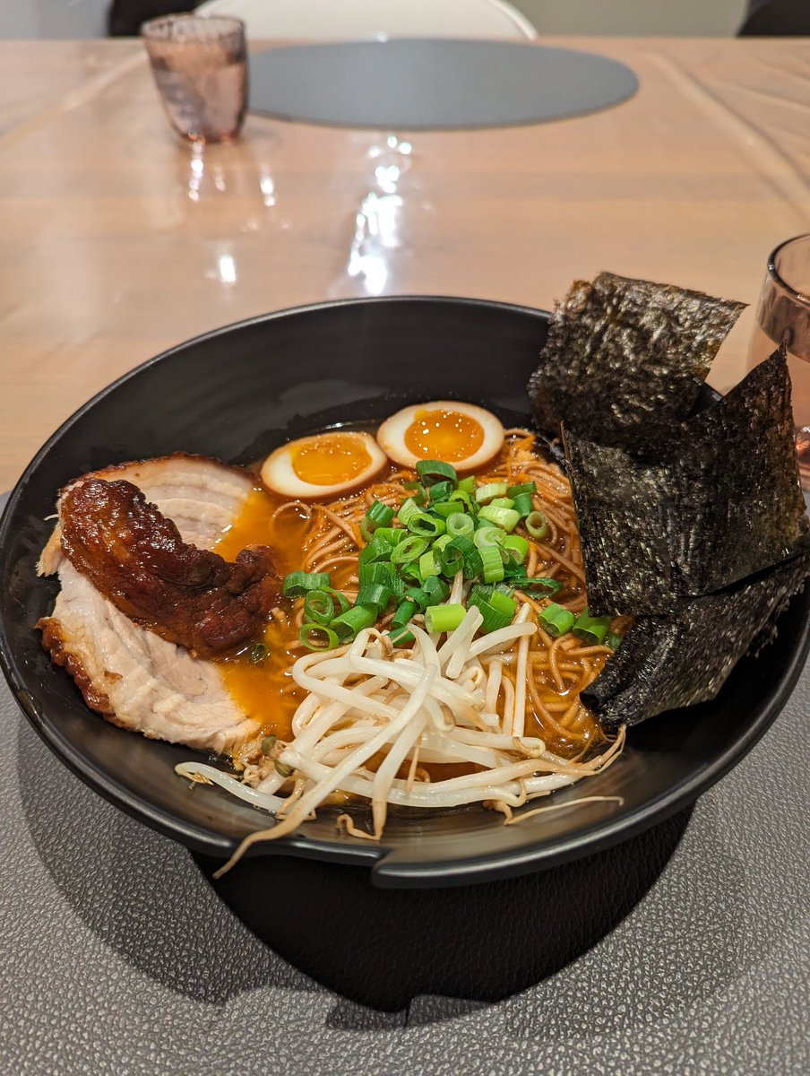 The result: home made spicy soba ramen with chashu, ajitama, bean sprouts and green onion. いただきます