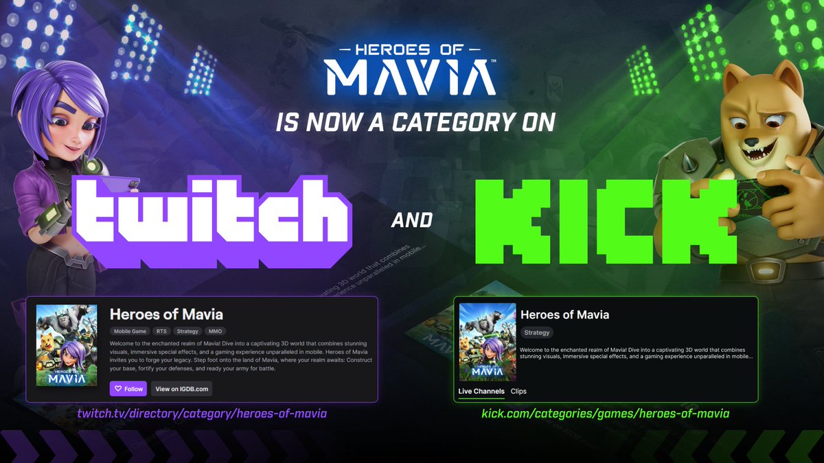 Heroes of Mavia is now available as a category on <a href="/Twitch/">Twitch</a> and <a href="/KickStreaming/">Kick</a>  📺

Which platform will you be streaming on? 👀
