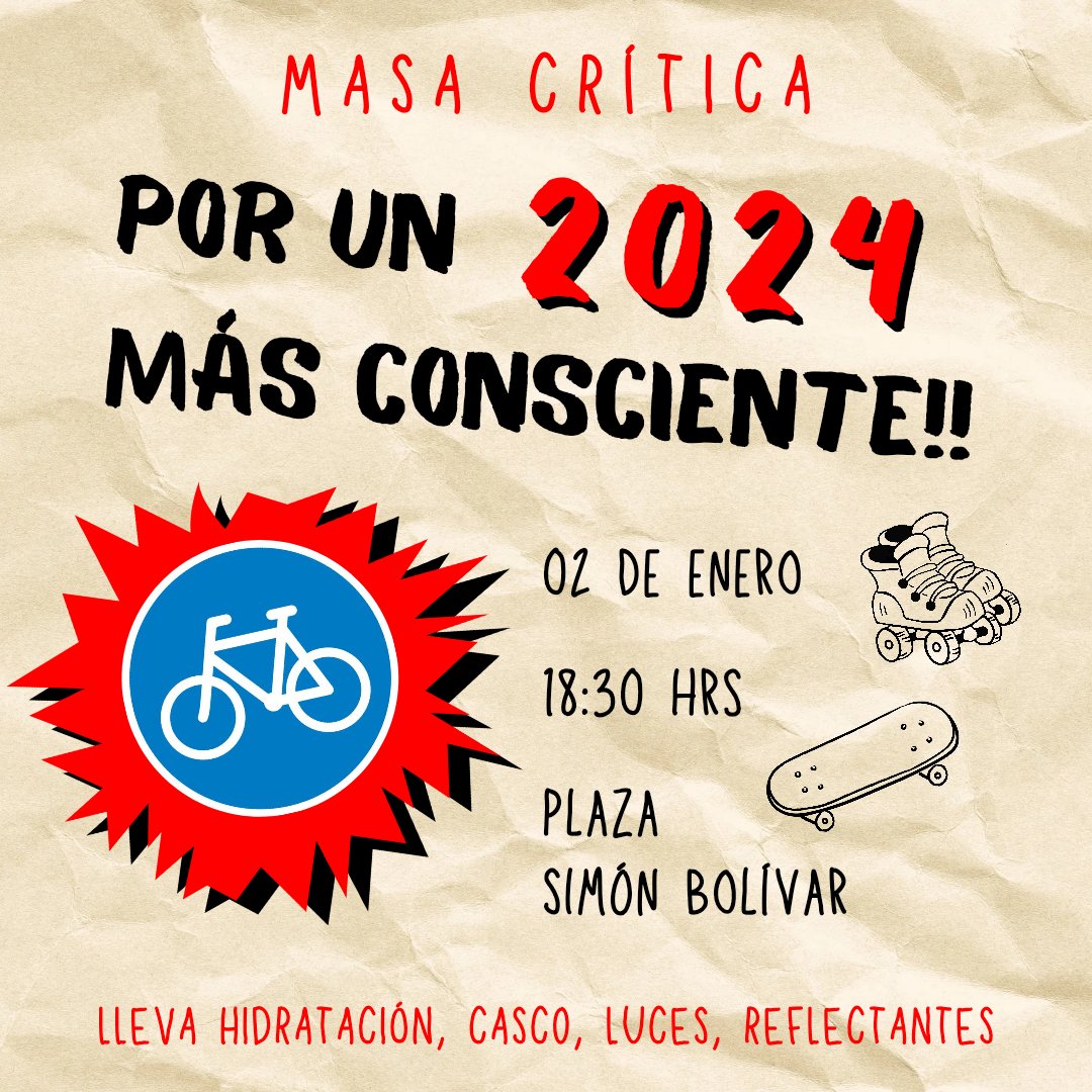 Celebremos este nuevo año tomándonos la calle para visibilizar  la importancia de los ciclos en la ciudad y poder generar un espacio seguro para todxs.
Nos juntaremos en plaza Simon Bolívar📍 desde las 18:30.
Estaremos haciendo revisiones.🧑‍🔧
La Vel. Sera de 10km/h apta paratodxs