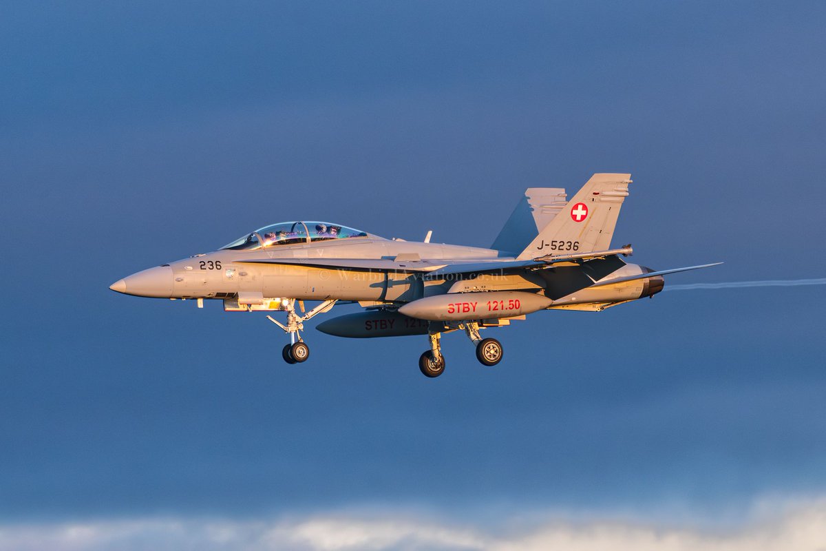 WarbirdAv's tweet photo. Swiss Air Force McDonnell Douglas F-18D Hornet J-5236 landing on runway 34 at RAF Leeming for Ex. Yorknite 2023. 

https://t.co/Ei4hvK7Phf https://t.co/mxZ3qqxjyB