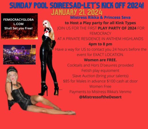 FEMOCRACY LAS VEGAS Private Pool Party & Play w/ @MistressRikkaLV & Myself & many others SUNDAY, JANUARY 21 fetlife.com/events/1426450 Live the Femocracy Life! Femocracy will set you free