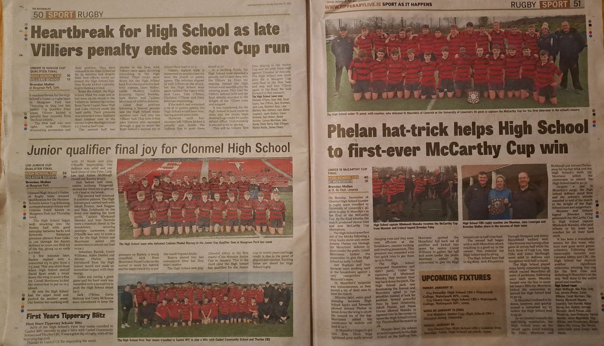 Fantastic coverage of our 1st Year, U15, U16 & U19 @Munsterrugby Cup matches in this week's  @TheNationalist  #schoolrugby🏉🔴⚫️ #JuniorCup🏆#McCarthyCup🏆#Champions🏆#rugbynews 🏉🔴⚫️🏆👍😊 #RugbyNews🔴⚫️