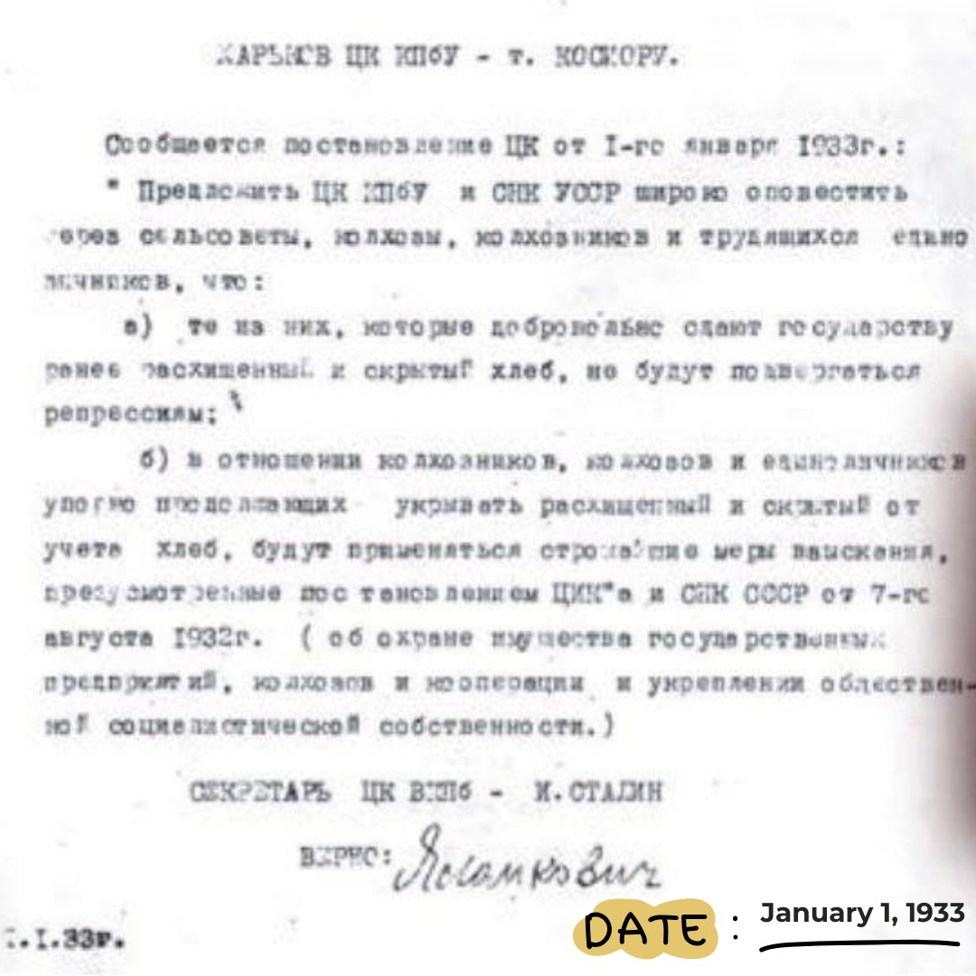 This Day In History: 
On January 1, 1933, Stalin's telegram threatened Ukrainian farmers with repressive measures if they didn't surrender their grain. The struggle for food and freedom continued. 🌾#Holodomor