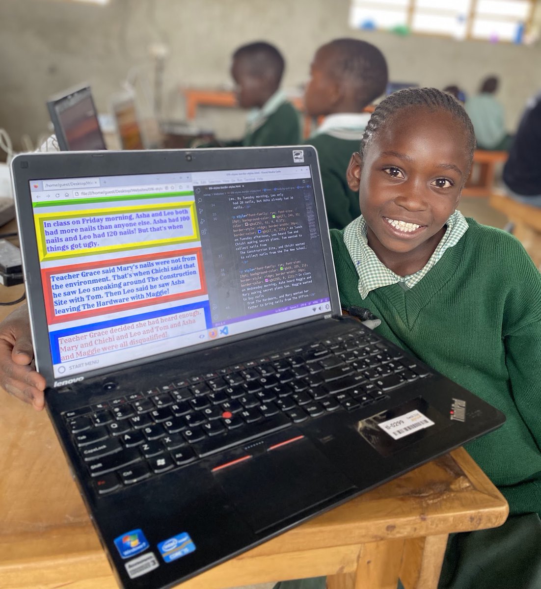 @techlitafrica 2023 Recap 2 / 12: Look what Irene made! She took an example HTML file and added inline CSS to change the font and spacing and colors. I’m so proud that TechLit taught HTML in all of our classrooms in 2023. 🧵 1/5 #Recap2023