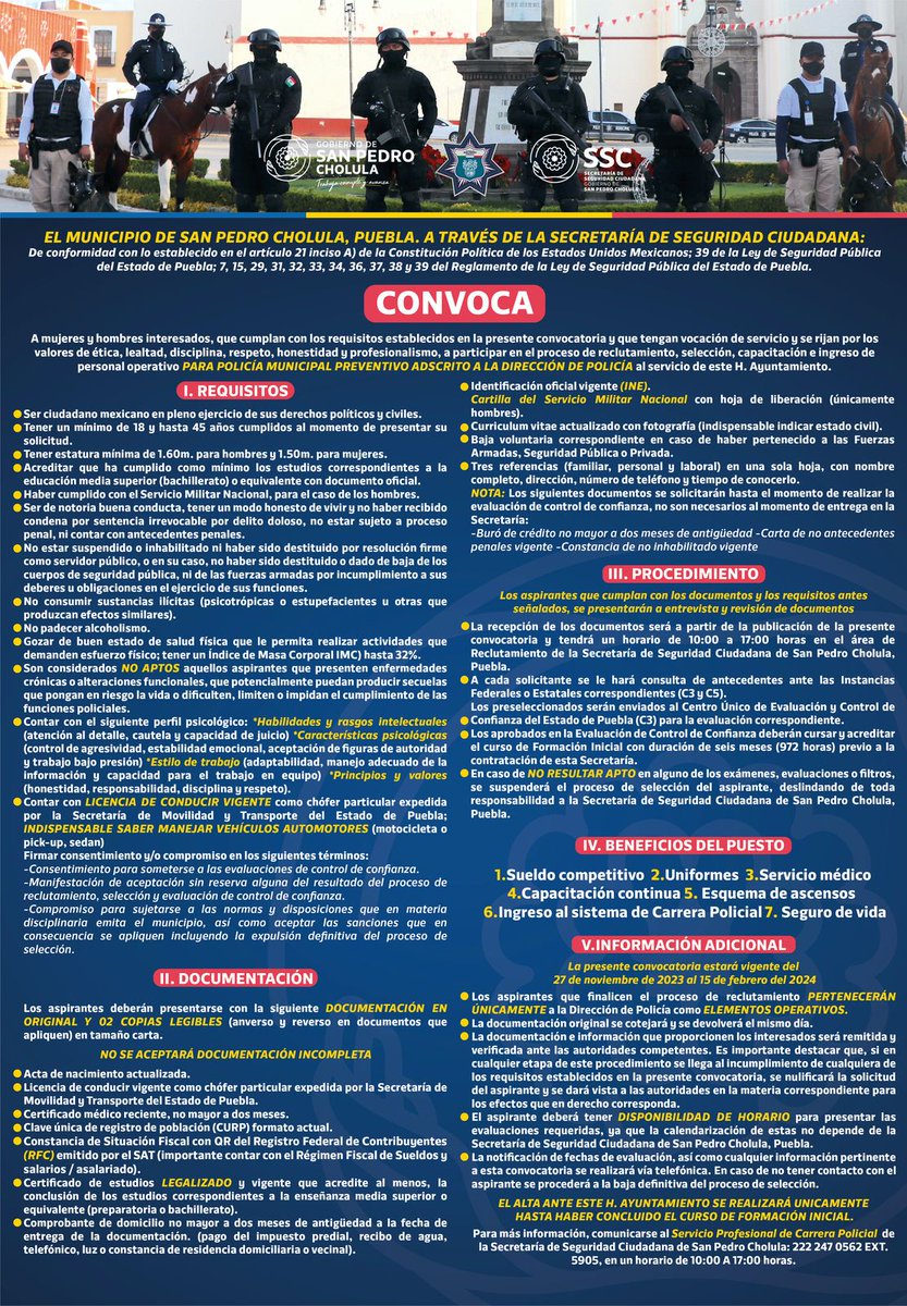 🚔Conoce nuestra convocatoria 2023-2024 y únete a las filas de la Secretaría de Seguridad Ciudadana de #SanPedroCholula. 👮
🙍‍♀️🙍Buscamos mujeres y hombres comprometidos para servir y proteger a las familias cholultecas. 👪
👇Consulta las bases: