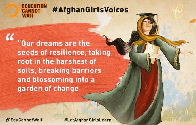 Join @EduCannotWait in shining a light on young Afghan girls being denied their basic right to education.

Please retweet so their call rings louder than ever & read their inspiring, heart-wrenching testimonies of resilience and hope➡️bit.ly/afghangirlsvoi…

#AfghanGirlsVoices