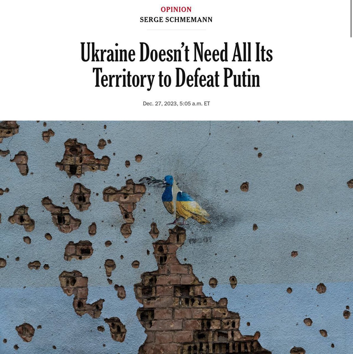 "Ukraine doesn't need all its territory to defeat Putin"
(no idea what level of cope that is)
The New York Times writes:

Taking back territory is the wrong way to imagine a better outcome. The real victory for Ukraine is to rise from the hell of war as a strong, independent,