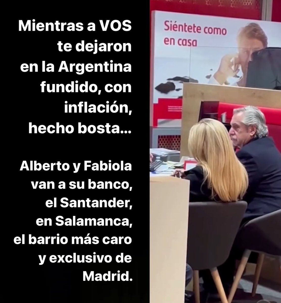 Nikgaturro's tweet photo. Alberto Fernández y Fabiola Yáñez en Madrid, Banco Santander. LA PATRIA ES EL OTRO, LA PATRIA ESTÁ EN PELIGRO y no sé cuántos versos más nos tuvimos que comer durante décadas de kirchnerismo. ERAN ESTO. https://t.co/FryaCOAlEm
