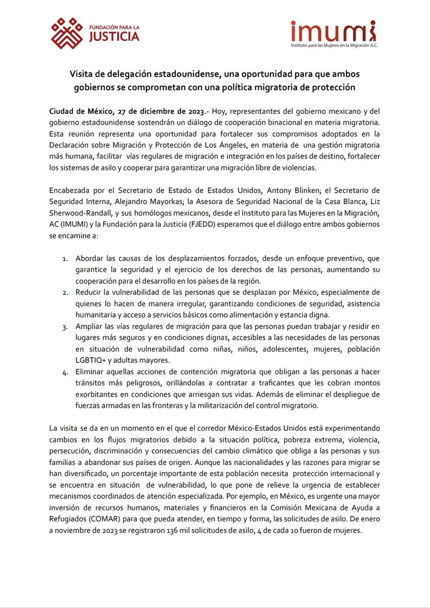 IMUMIDF's tweet photo. 📰#Boletín #ProtecciónNoContención
⚠️ Esperamos que diálogo de cooperación binacional en materia migratoria, entre gobierno mexicano y estadounidense, fortalezca sus compromisos en materia de gestión migratoria humana, facilitación de vías regulares de migración e integración en los países de destino, fortalecimiento de los sistemas de asilo y cooperación para garantizar una migración libre de violencias; todos, compromisos asumidos en la Declaración sobre Migración y Protección de Los Ángeles.